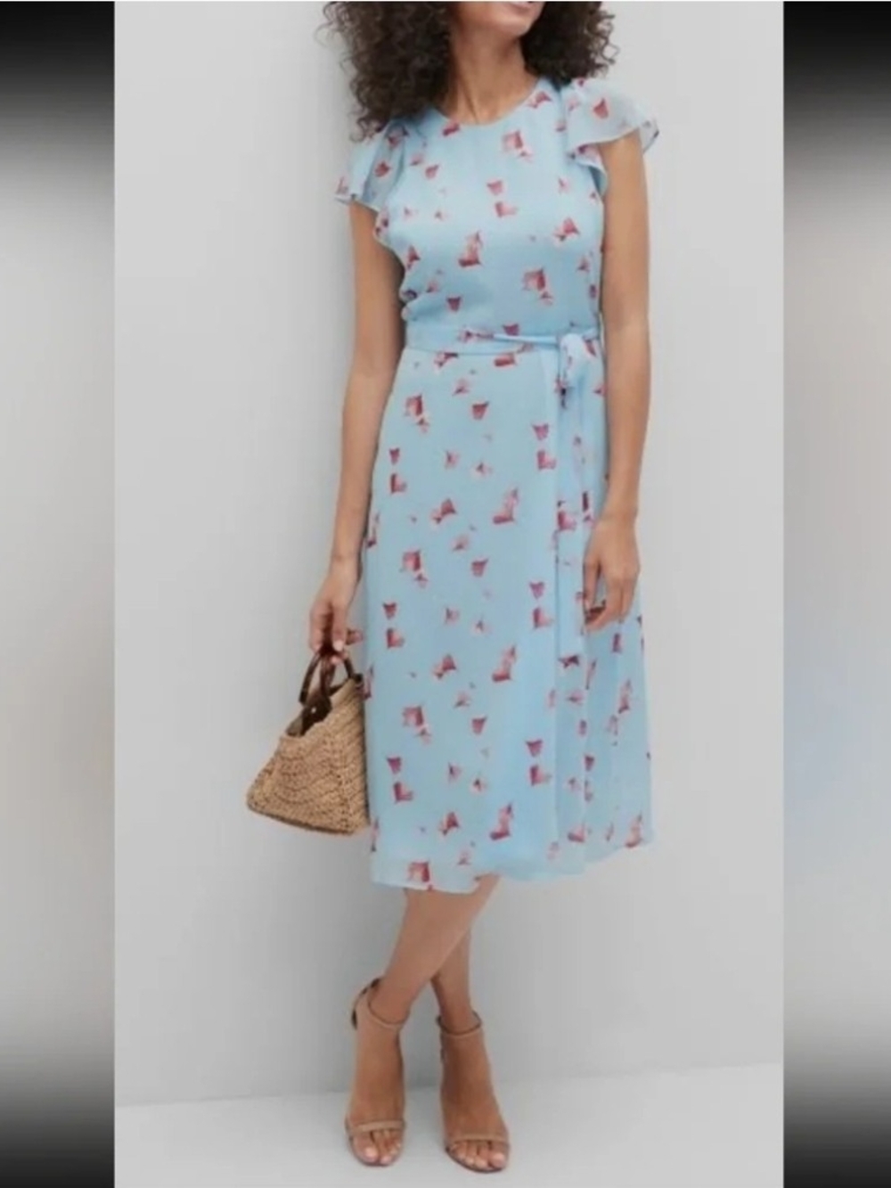 Banana Republic Light Blue Midi Dress with Pink Floral Print